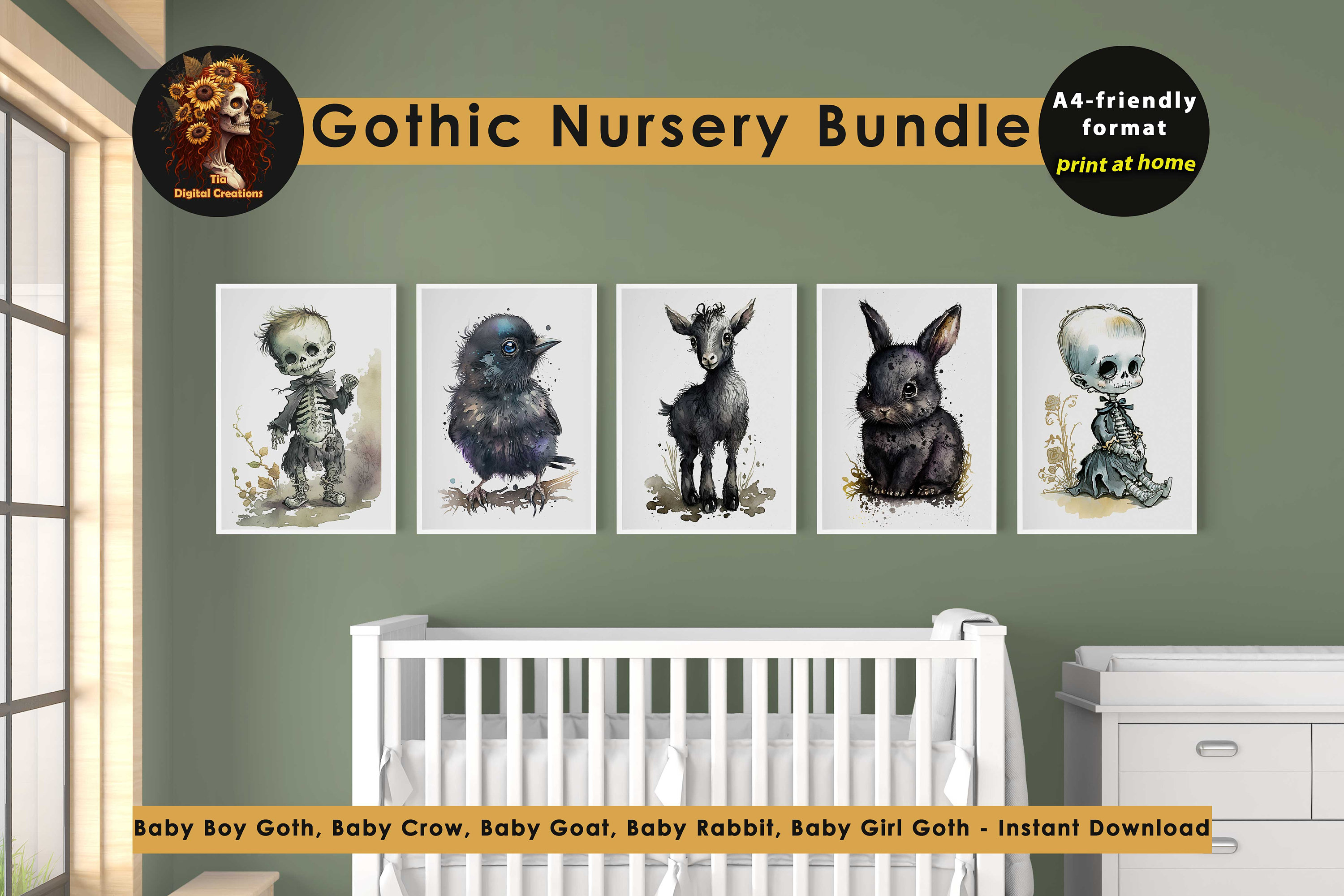 Gothic Nursery Prints Set | Whimsical Creatures, Black Room Decor ...