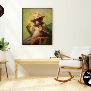 May include: A digital painting of a monkey wearing a straw hat and holding two glasses of juice. The monkey is sitting in a wicker chair against a green background.