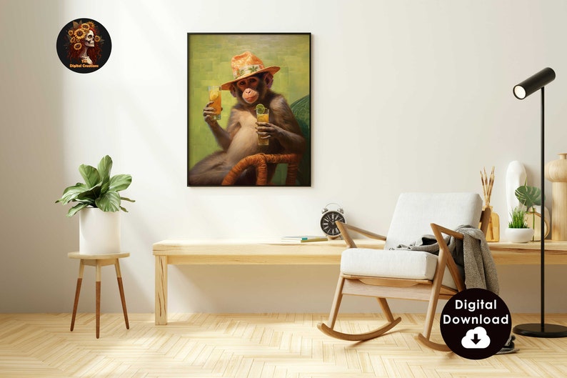 May include: A digital painting of a monkey wearing a straw hat and holding two glasses of juice. The monkey is sitting in a wicker chair against a green background.