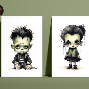 Spooky Nursery Art: Frankenstein Baby Boy & Girl Watercolor Prints. Perfect Halloween Decor or Baby Shower Gift. Occult Art Print