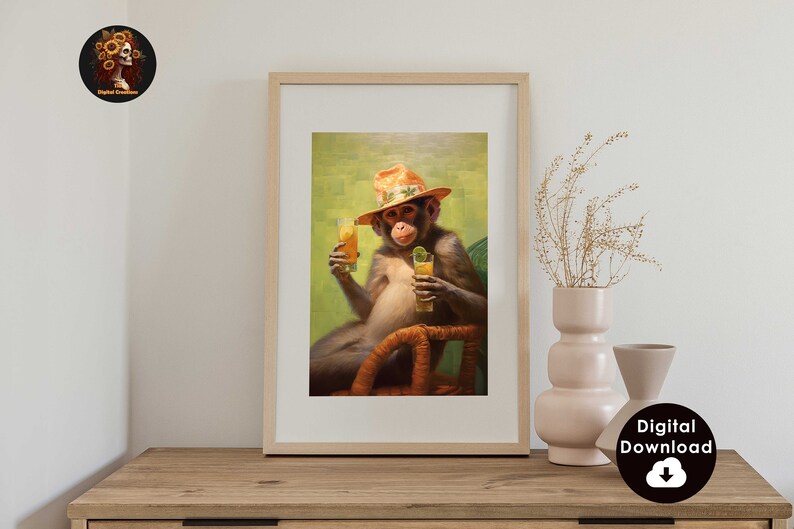 May include: A framed illustration of a monkey wearing a straw hat and holding two glasses of orange juice. The monkey is sitting in a wicker chair with a green background.