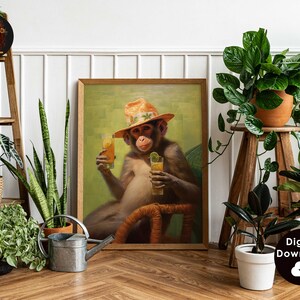 May include: A digital download of a painting featuring a monkey wearing a straw hat and holding two glasses of juice. The monkey is sitting in a wicker chair against a green background.