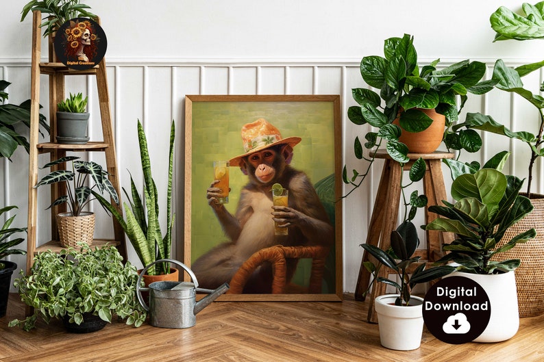May include: A digital download of a painting featuring a monkey wearing a straw hat and holding two glasses of juice. The monkey is sitting in a wicker chair against a green background.