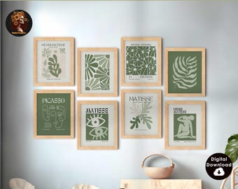 Sage Green Wall Art Green Botanical Prints Sage Green Print Set Boho Wall Art Matisse Wall Art Picasso Print Set Gallery Wall Set of 8