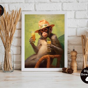 May include: A digital painting of a monkey wearing a straw hat and holding two glasses of juice. The monkey is sitting in a chair with a green background.