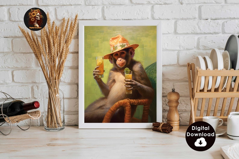 May include: A digital painting of a monkey wearing a straw hat and holding two glasses of juice. The monkey is sitting in a chair with a green background.