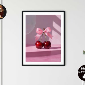 Trendy Wall Art Cherry Poster with Pink Bow