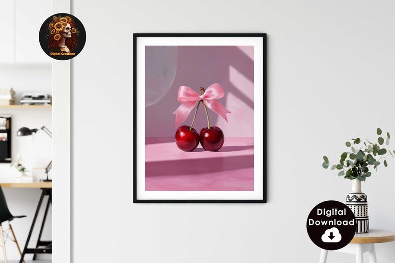 Trendy Wall Art Cherry Poster with Pink Bow