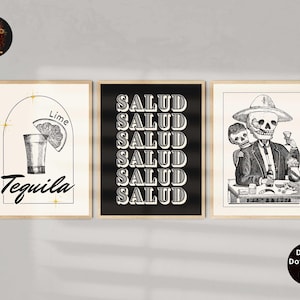 Vintage Tequila Print Meksykańska sztuka ścienna Bar Cart Poster Meksykański wydruk Bar Art Hiszpański wystrój Vintage Meksyk Sztuka Cyfrowe pobieranie 3 wydruków