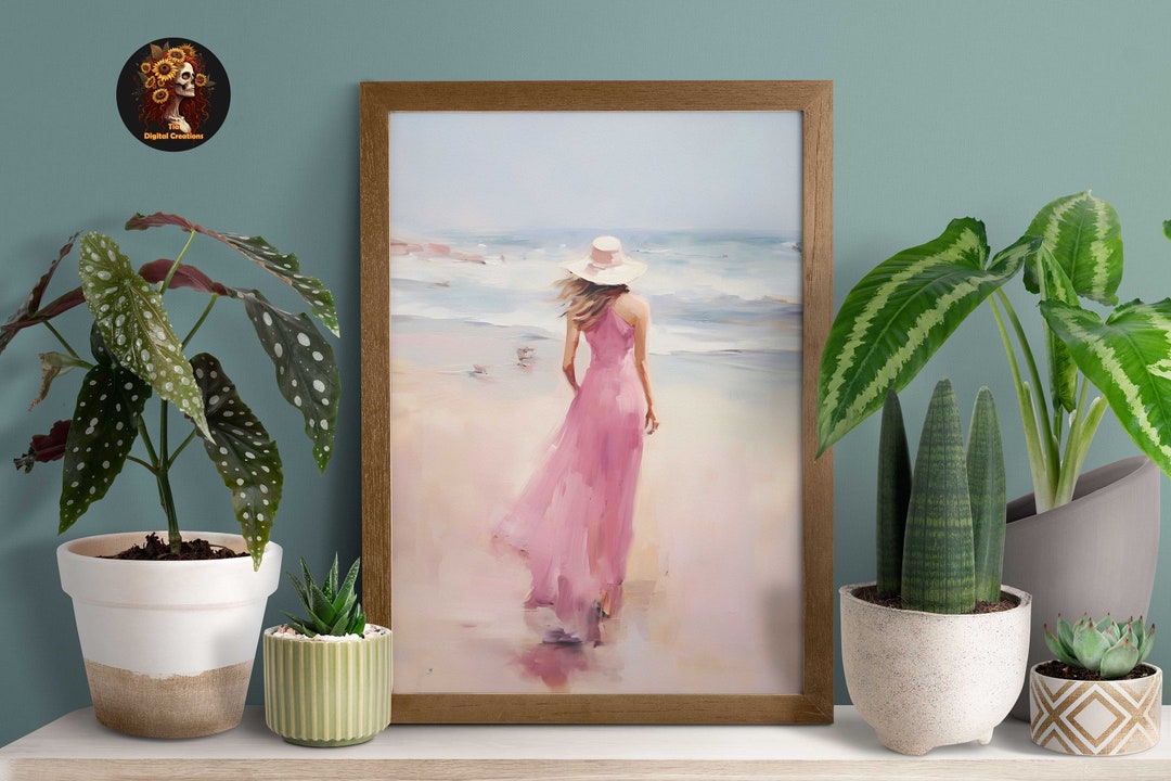 Preppy Pink Beach Wall Art. Retro Oil Painting Download. Girly Etsy