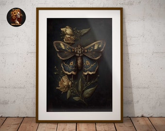 Moth, Cottagecore Print, Moody Botanical Wall Art, Goblincore Fairycore ...