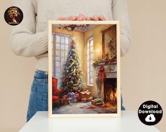 Vintage julväggkonst Julgran Utskrivbar juloljemålning Vardagsrumsväggkonst Cottagecore-dekor Juldekor Vinter