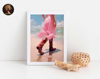 Coastal Cowgirl Print: Pink Dress, Cowboy Boots, Beach Scene (Digital Download)