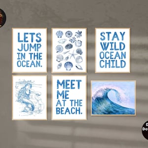 Jump In The Ocean Print Blue Coastal Cowgirl Wall Art Poster Blue Coastal Granddaughter Decor Aesthetic Trendy Prints Printable Set Of 6