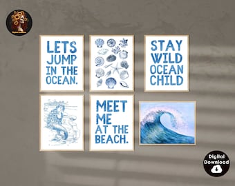 Jump In The Ocean Print Blue Coastal Cowgirl Wall Art Poster Blue Coastal Granddaughter Decor Aesthetic Trendy Prints Printable Set Of 6