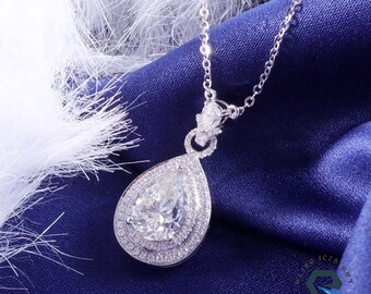 Pear Cut Moissanite Halo Pendant Necklace, 14k Gold Teardrop Anniversary Gift