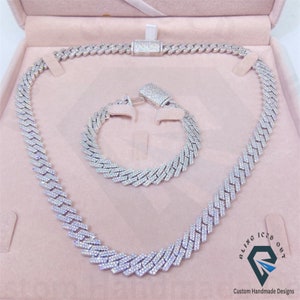 14mm Iced Out Hip Hop Round VVS Colorless Moissanite Alternate Real Diamond 2 Line Straight Cuban Chain, Matching Braclets White Gold Plated