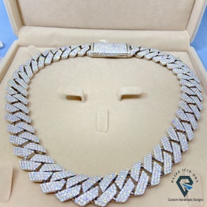 16mm Width Iced Out Hip Hop 3 Line Setting 45.32CTW Round VVS Colorless Moissanite Miami Cuban Link Chain, 14k Gold Plated 6'' TO 24'' Chain