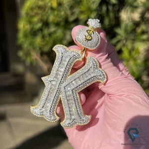 Iced Out Hip Hop 'K' Customized 3D Initial Letter Moissanite Baguette &Round Pendent With Dollar Design Bell, 925 Silver With Two Color Tone