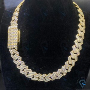 18mm Hip Hop Halo Cuban linked chain, 58.41CTW VVS Colorless Round And Baguette Moissanite, Yellow Gold Plated Miami Iced Out Rapper's Cuban