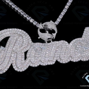 Customize Name Hip Hop Pendent For Beloved One, VVS Moissanite Colorless White Gold Plated Argentium, 3D Trim Custom Bale Iced Out Pendent