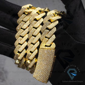 18mm Hip Hop 3 Row Cuban Link Chain,  VVS Colorless Round Moissanite Full Iced Out Cuban Link Chain For Her/Him, 14Kt yellow Gold Plated
