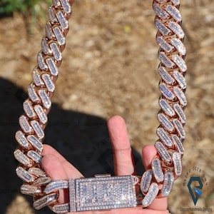 18mm Hip Hop halo Miami Cuban Link Chain, VVS Colorless Round and Baguette Moissanite , 14kt White and Rose Gold Plated Combination Chain