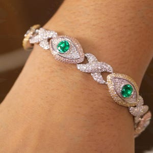 VVS1 Colorless Moissanite & Green Emerald Eyes Infinity Cuban 14mm wide 8 Inches 935 Argentium Rose White Gold Plated, Diamond Tester Passed