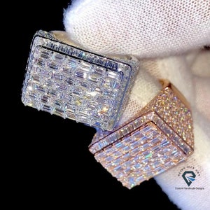 One Men&#39;s Iced OutMoissanite Ring Solid 14KT Gold Plated Champion Ring, Baguette And Round Custom Moissanite Ring, Rapper Hip Hop Men&#39;s Gift