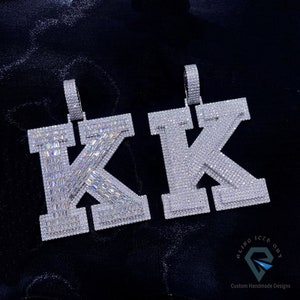 Iced Out 'K' Custom Initial Letter Colorless Moissanite Baguette OR Round Pendent, Solid 925 Silver Unique Designer Alphabet Hip Hop Pendent