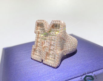 Custom Moissanite Iced Out Letter Ring, Rose Gold Plated