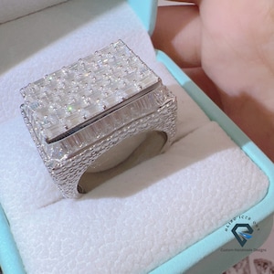 Round & Baguette Moissanite Ring Men&#39;s Iced Out Rectangular Shape Hip Hop Cluster Rapper&#39;s Ring 14kt Gold Sizes 6 -13, PASSES DIAMOND TESTER