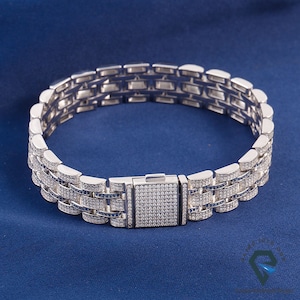 16mm Width Cuban Link Iced Out Hip Hop 7'' TO 9'' Bracelet, Round Cut Moissanite Charm Bracelet, 14k White Gold Plated Men's Gift Bracelet