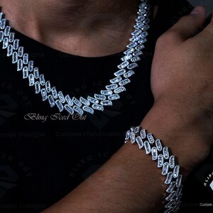 18mm Round & Baguette VVS1 Colorless 81.34CTW Moissanite Iced Out, Hip Hop Miami Cuban Link Unique Design, 925 White Gold Hard Gold Plated