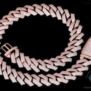 18mm Hip Hop Halo Cuban linked chain, 64.41CTW VVS Colorless Round & Baguette Moissanite, Rose Gold Plated Miami Iced Out Rapper's Cuban