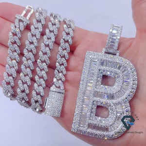 Fully Ice Out 'B' Initial Letter Name Pendant, Baguette&Round Moissanite Rapper's Pendent, 14k White Gold Plated Custom Hip Hop Gift Pendent