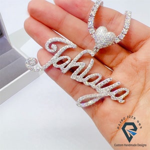 Iced Out Custom Name Round VVS1 Colorless Moissanite Cursive Written Name With Beautiful Heart Shape Bell Silver Pendent-Passes Diamond Test