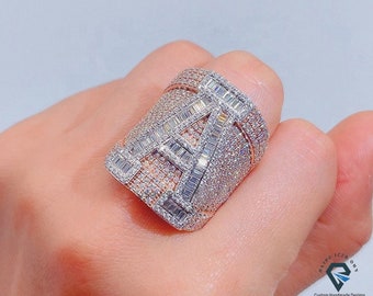 Custom Moissanite Initial Ring, Rose Gold Plated, Iced Out Hip Hop Party Ring