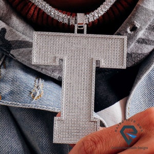 Fully Ice Out 'T' Initial Letter Name Pendant, 22.8CTW Round VVS Moissanite Men's Pendent, 14k White Gold Plated Custom Hip Hop Gift Pendent