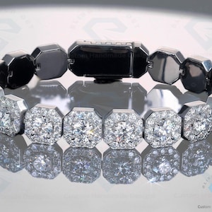 16mm Width Halo Asscher Shape Cuban Lock Solid Braclets, VVS1 Round Colorless Moissanite 14k White Gold Plated Iced Out , Pass Diamond Teste