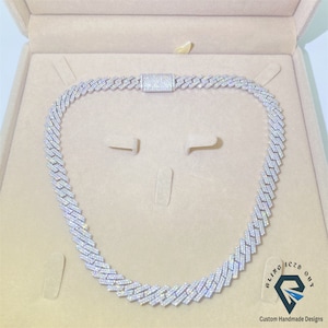 14mm Width Iced Out Hip Hop 50.2CT Round VVS Colorless Moissanite Straight 2 Line Miami Cuban Link Chain, 6'' TO 24'' Length Sterling Silver