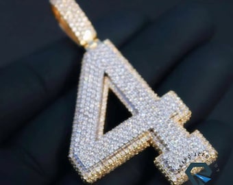 Iced Out Number '4' Pendant, 14k Gold Plated, VVS Moissanite
