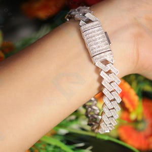 16mm Width Cuban Link Iced Out Hip Hop 7'' TO 9'' Bracelet, Baguette Cut Moissanite Halo Bracelet, 14k White Gold Plated Men's Gift Bracelet