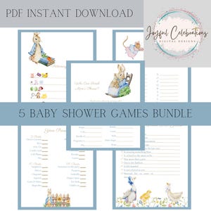 May include: A set of five printable baby shower games featuring illustrations of Peter Rabbit and other characters from the book. The games include "Who Can Finish Mom's Phrase?", "Your Purse", "Guess the Baby Food", "Baby Bingo", and "This or That".