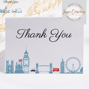 Biglietto di ringraziamento STAMPABILE con skyline di Londra / Biglietto di ringraziamento modificabile 7x5" / Testo personalizzato / Modello Canva e PDF