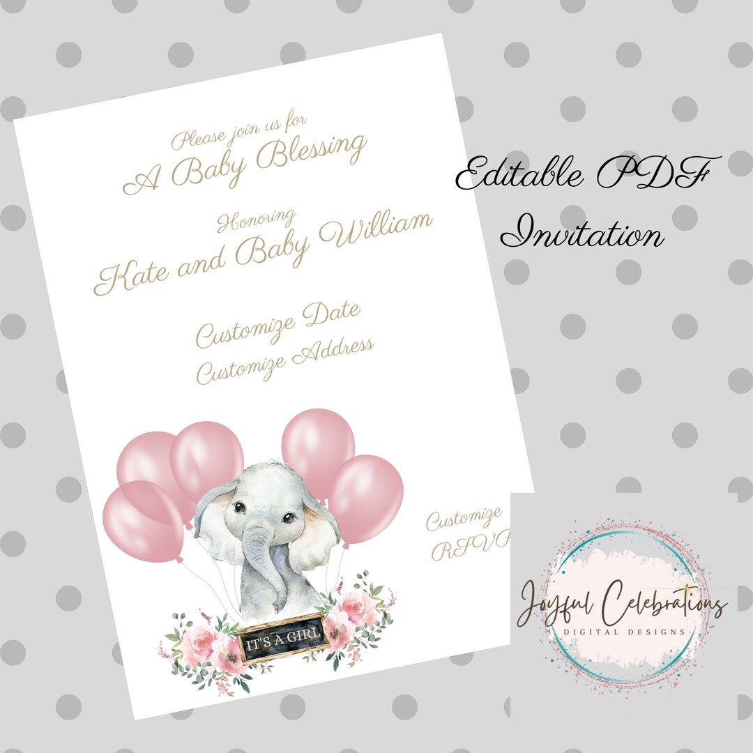 Baby Pink Elephant EDITABLE Printable Template | Customize Text | PDF ...