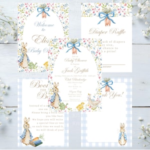 Pacote de chá de bebê Peter Rabbit, convite para chá de bebê com laço azul, rifa de fraldas, livros para bebês, cartão de agradecimento, placa de boas-vindas para bebês
