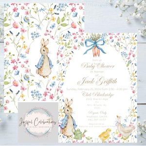 Rabbit Baby Shower Invitation, Printable Rabbit Boy Birthday Invitation, 5X7&quot; Editable Spring Flowers Invitation, Garden Party