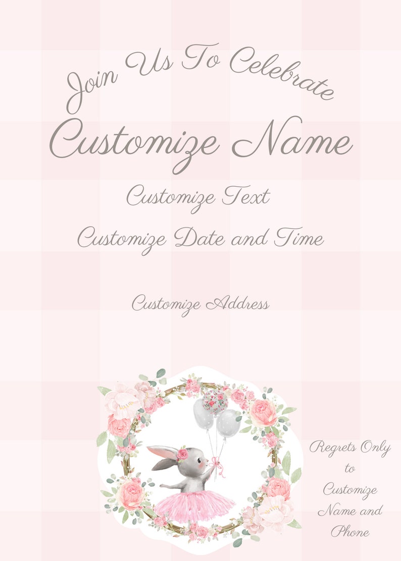 Bunny Ballerina Pink Roses Party Invitation Unlimited Printing Child