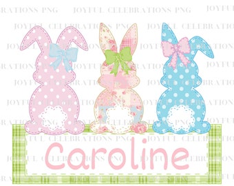 Girl Bunny PNG, Easter Clipart, Name Faux Applique with Name Plate png, Girls Easter png